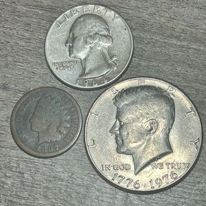 3 Coin Lot: 1964-P 90% Silver Quarter, 1976 Kennedy Half, 1887 Indian Head